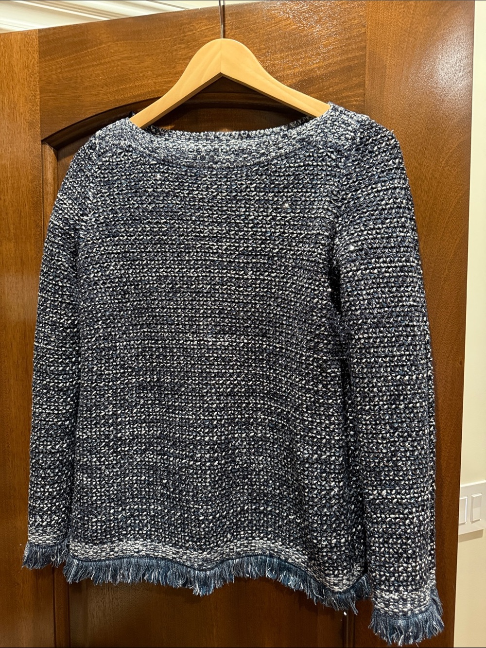 Ann Taylor Navy and White Bouclé Fringe-Hem Crewneck Sweater